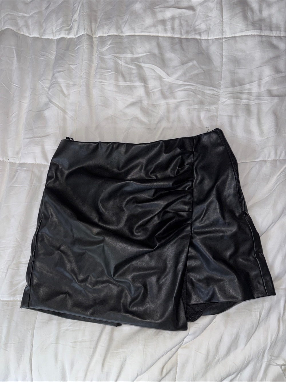 Zara Black Faux Leather Women's Skort - Stylish Ruched Detail